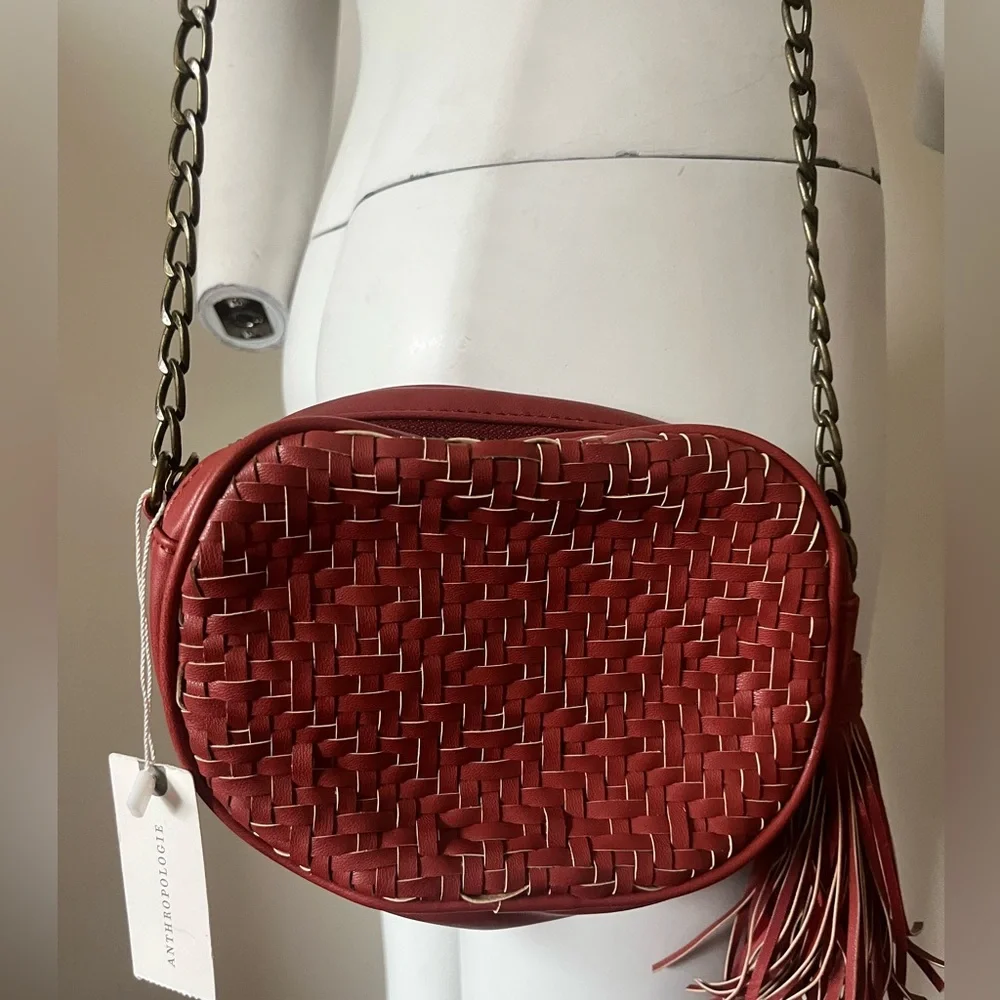 Anthropologie Woven Vegan Leather Chunky Chain TASSEL Crossbody Bag Red - Picture 6 of 12